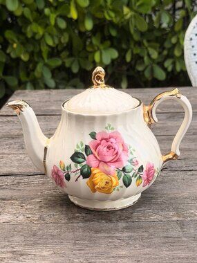 Vintage James Sadler Teapot Cabbage Rose Floral England Gold Trim Garden